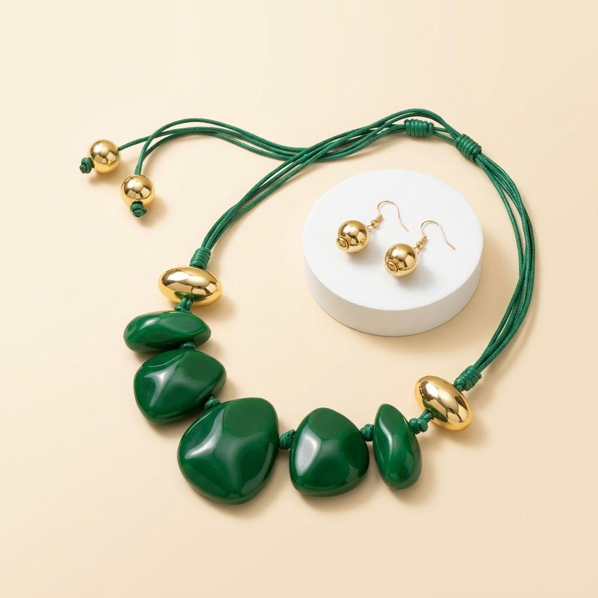Green Resin Pebble & Cord Bib Collar Necklace Set