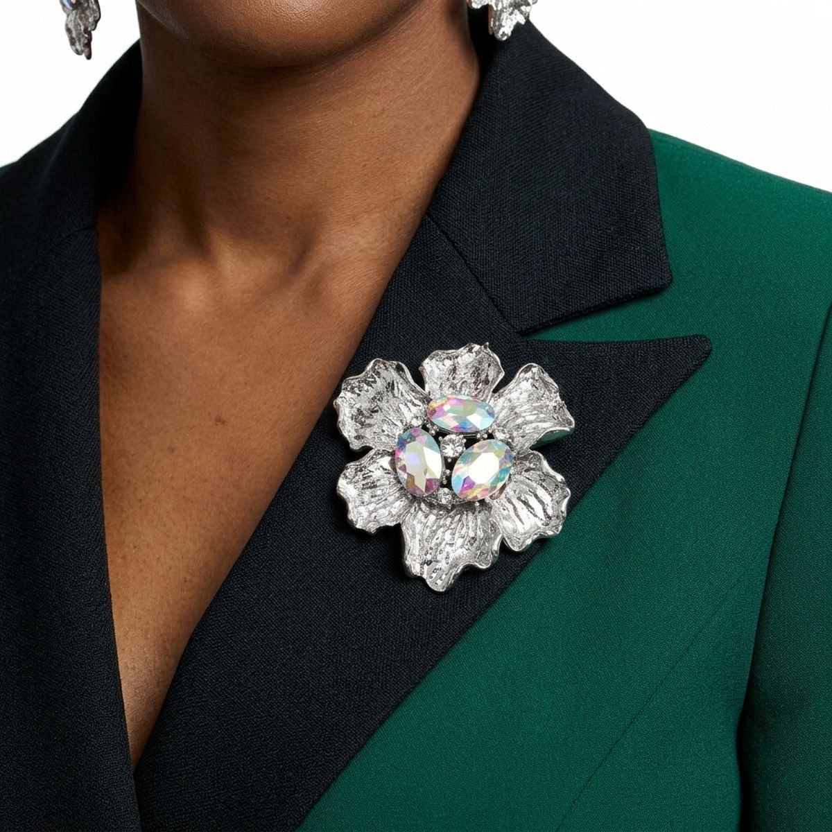 Oversized Brooch Silver Flower Aurbo Crystal Pin