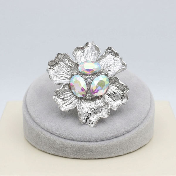 Oversized Brooch Silver Flower Aurbo Crystal Pin