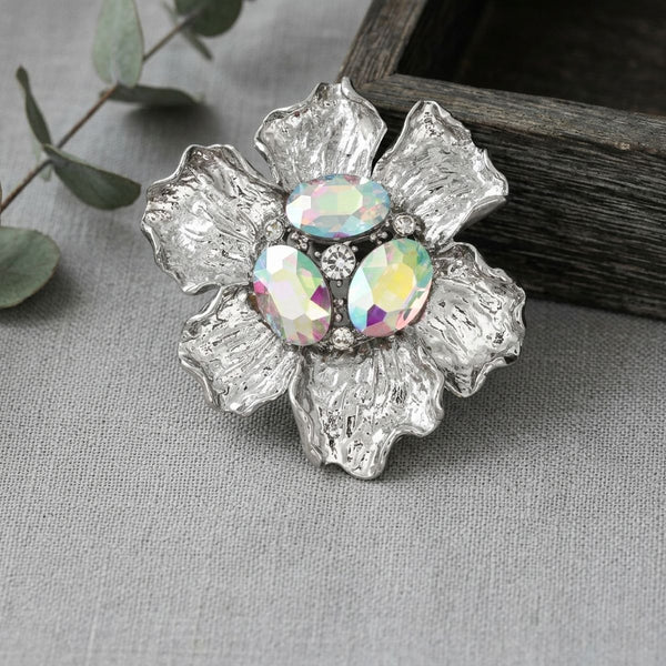 Oversized Brooch Silver Flower Aurbo Crystal Pin