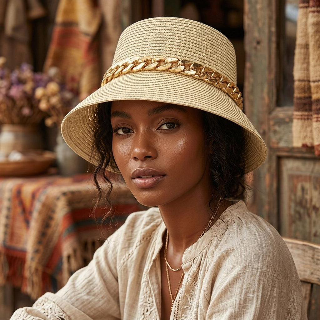 Gold Chain Beige Bucket Hat