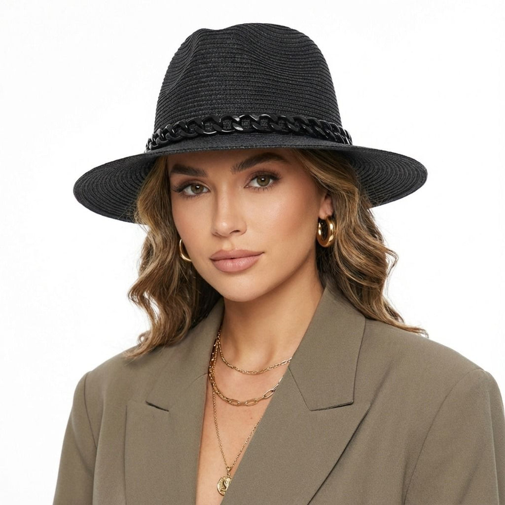 Black Chain Band Fedora Panama Hat