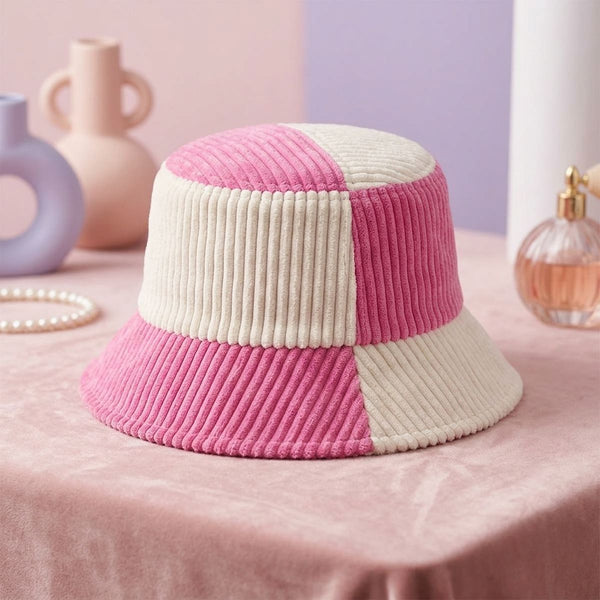 Bucket Hat Corduroy Pink and Cream Hat for Women