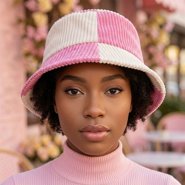 Bucket Hat Corduroy Pink and Cream Hat for Women