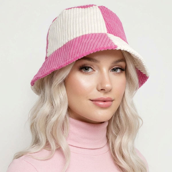 Bucket Hat Corduroy Pink and Cream Hat for Women