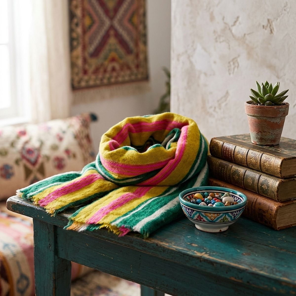 Yellow Striped Knit Scarf Women