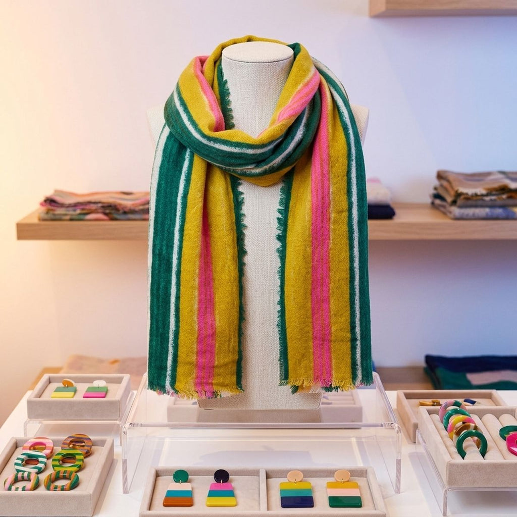 Yellow Striped Knit Scarf Women