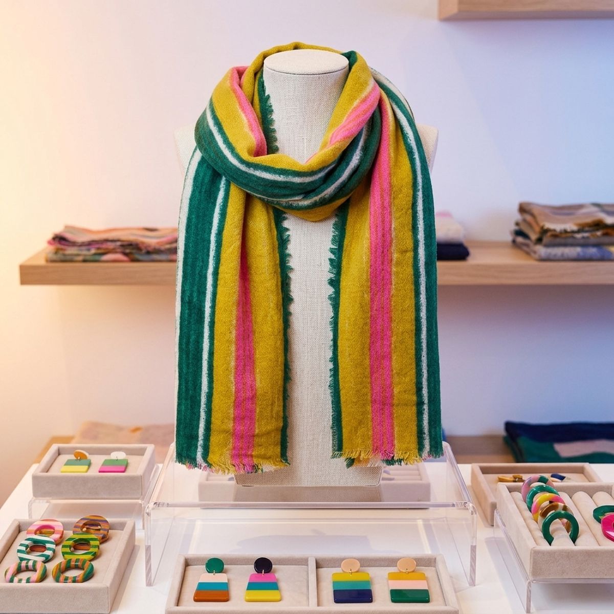 Yellow Striped Knit Scarf Women