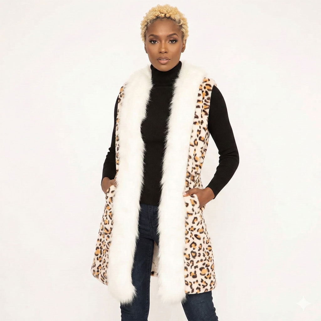 Cream Leopard Fur Trim Vest