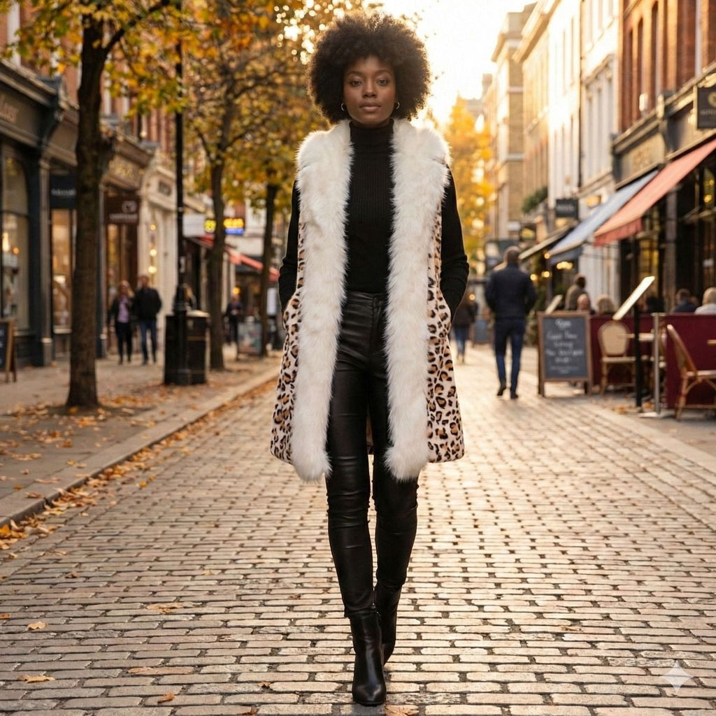 Cream Leopard Fur Trim Vest