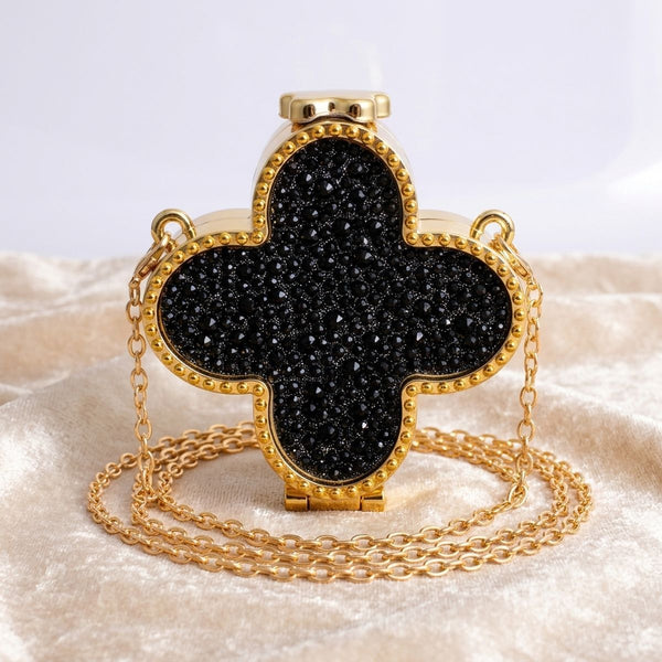 Mini Black Quatrefoil Sparkle Crossbody Compact