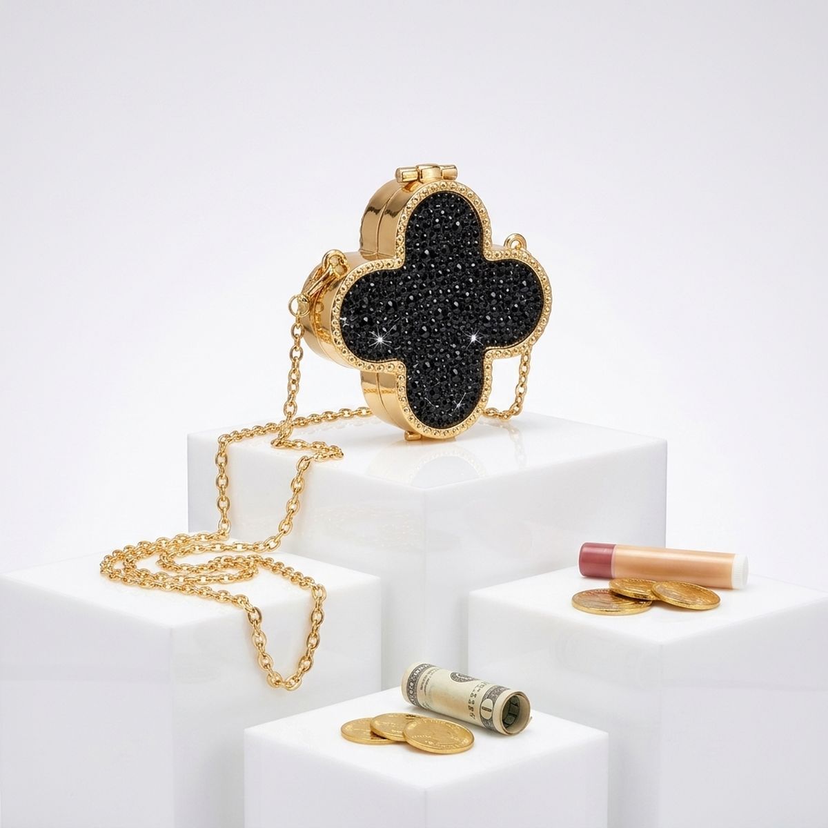 Mini Black Quatrefoil Sparkle Crossbody Compact