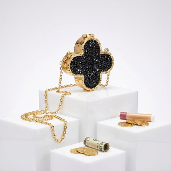 Mini Black Quatrefoil Sparkle Crossbody Compact