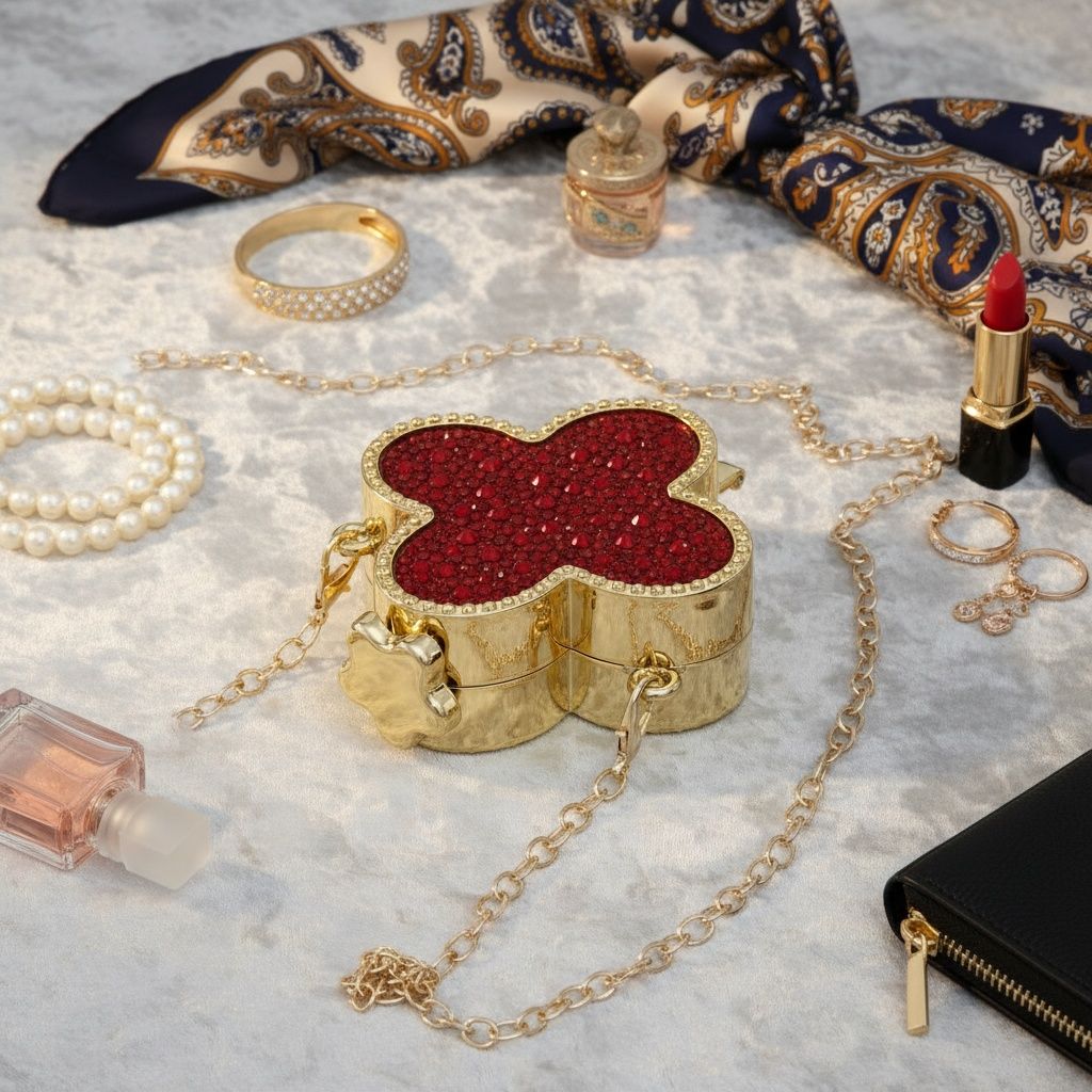 Mini Red Quatrefoil Sparkle Crossbody Compact