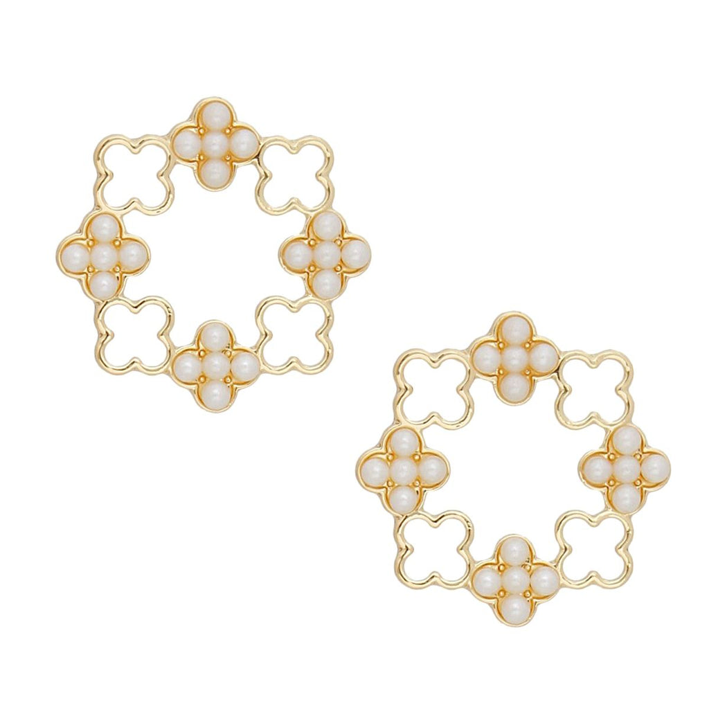 Gold-Tone Clover Wreath Pearl Stud Earrings