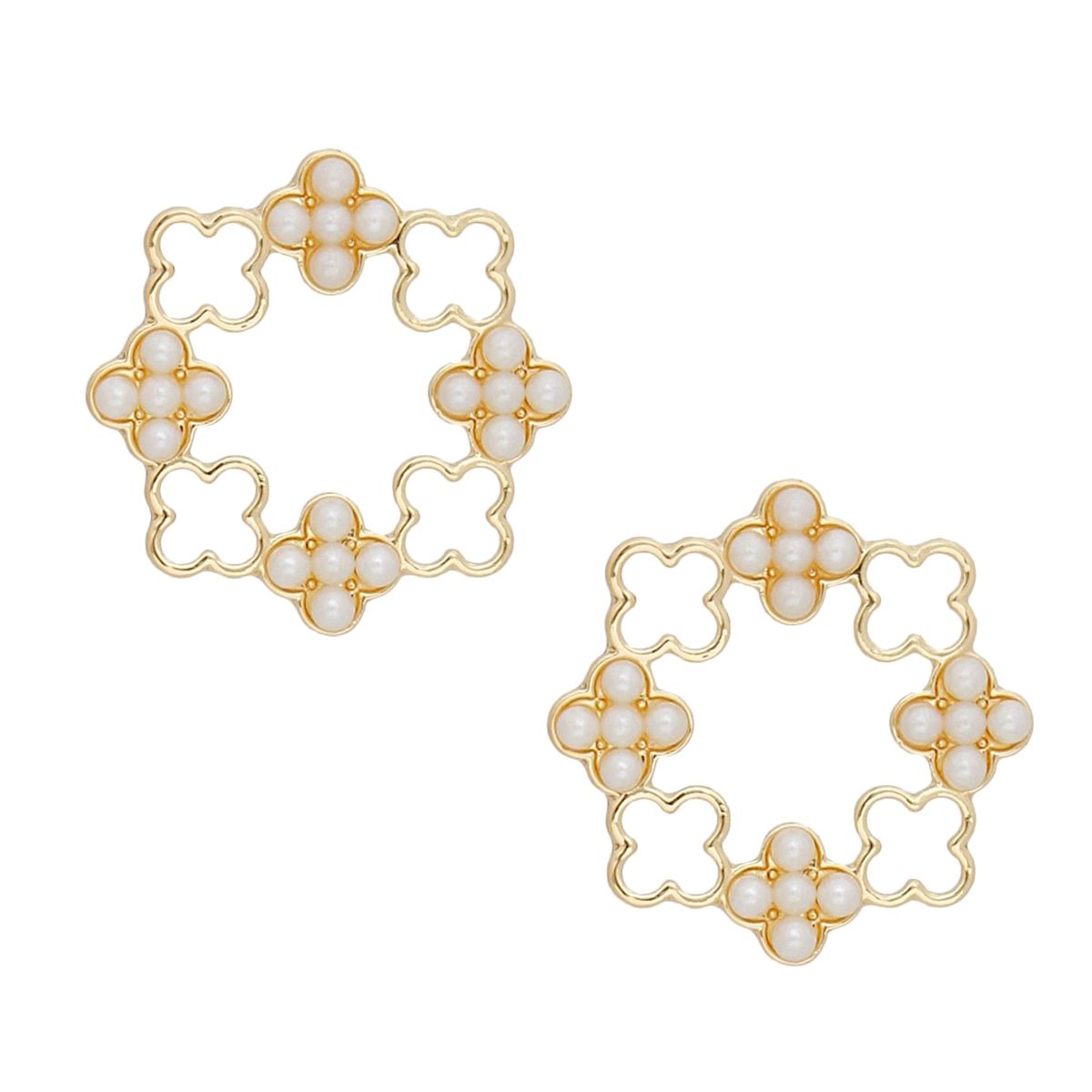 Gold-Tone Clover Wreath Pearl Stud Earrings