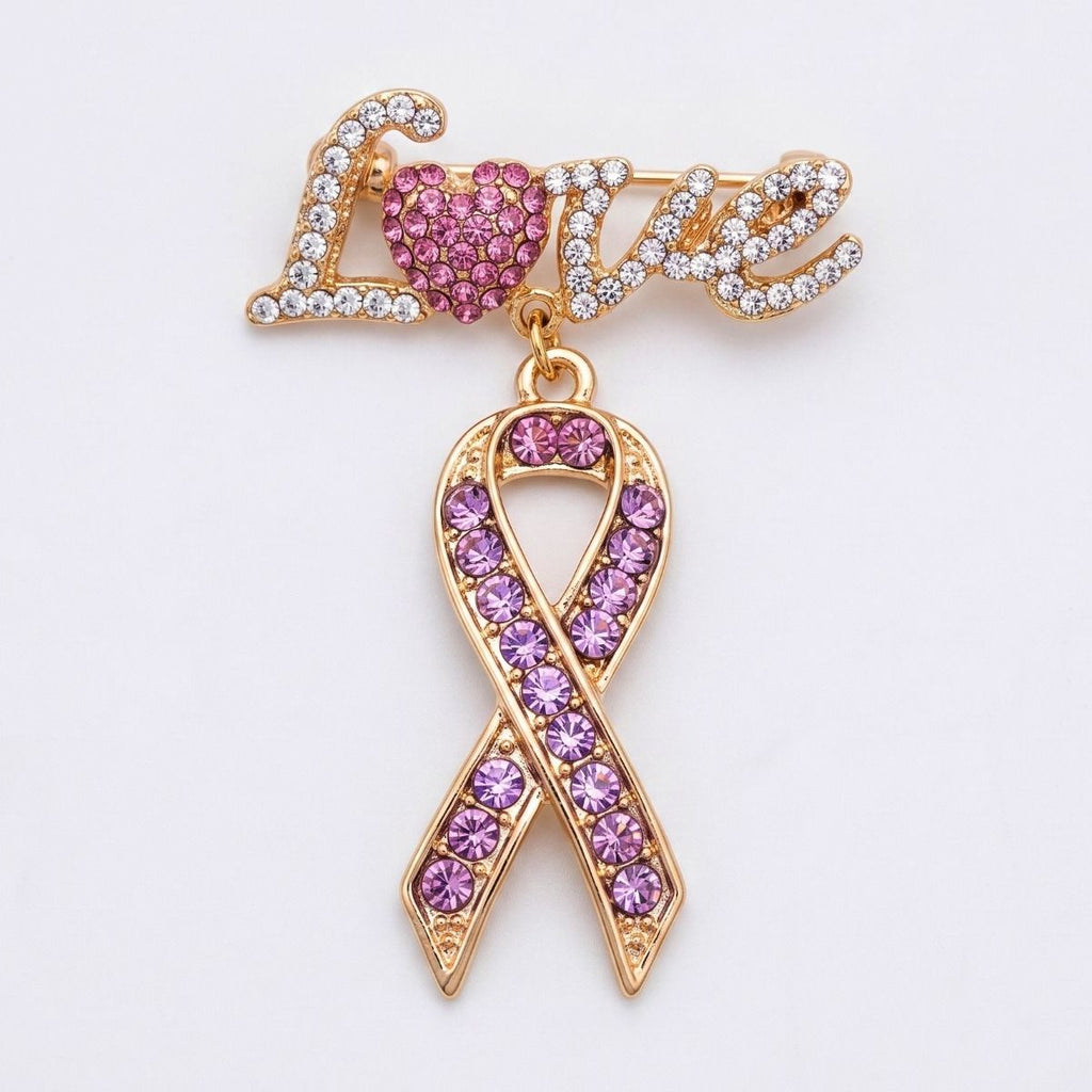 Gold Breast Cancer Love Pink Ribbon Dangle Brooch