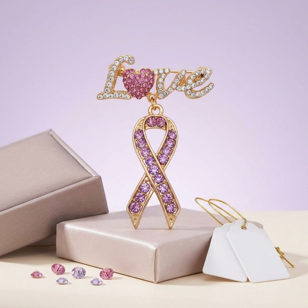 Gold Breast Cancer Love Pink Ribbon Dangle Brooch