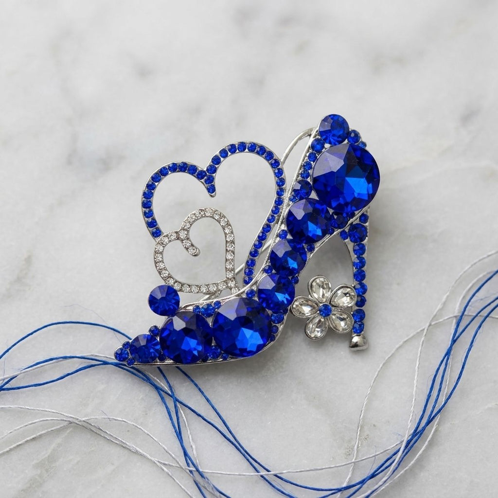 Glass Crystal Blue High Heel and Heart Brooch