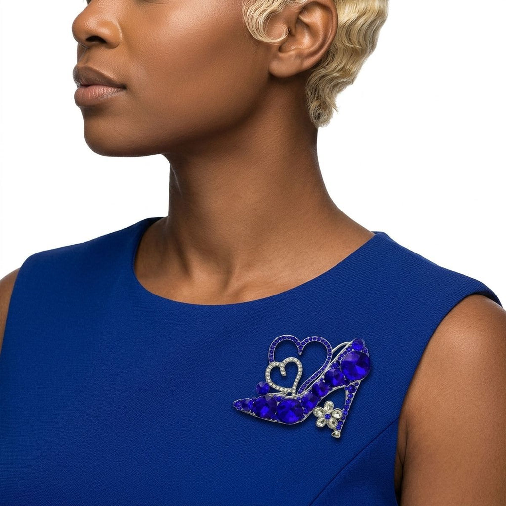 Glass Crystal Blue High Heel and Heart Brooch