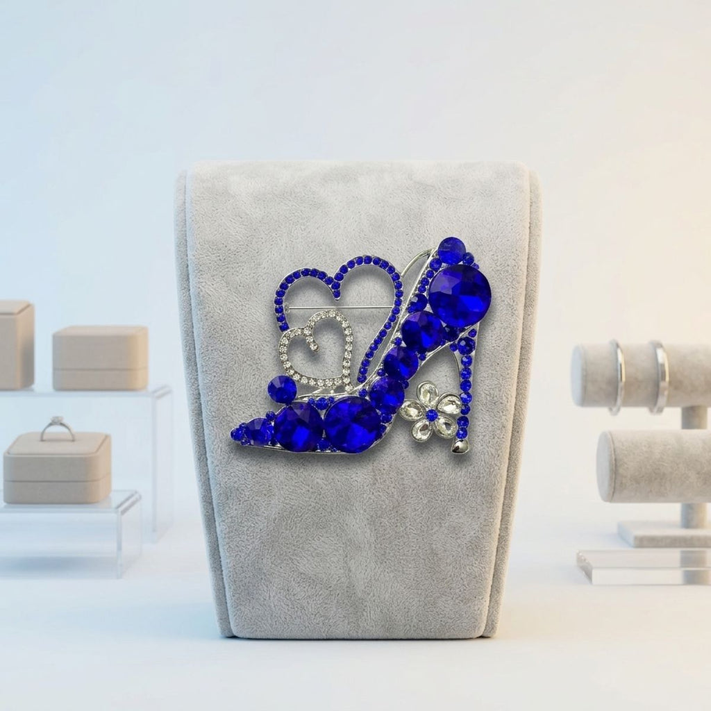 Glass Crystal Blue High Heel and Heart Brooch