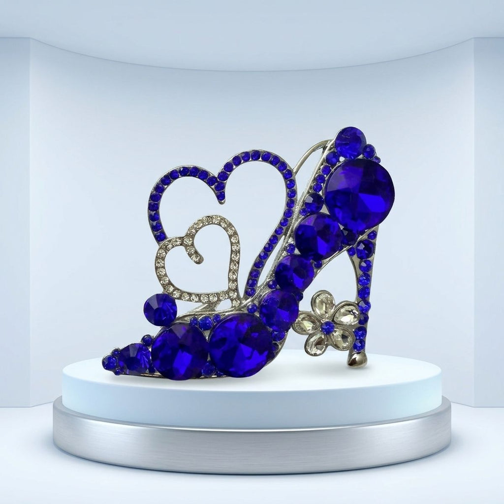 Glass Crystal Blue High Heel and Heart Brooch