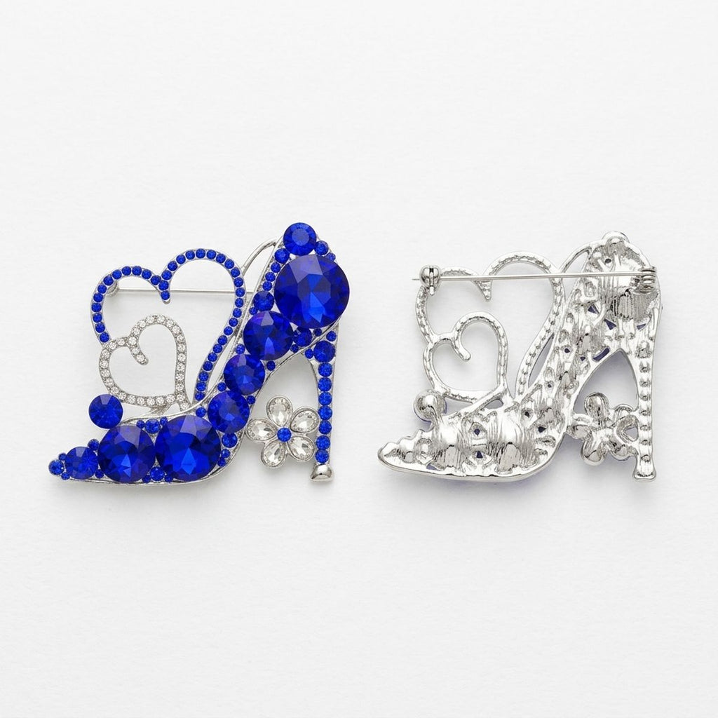 Glass Crystal Blue High Heel and Heart Brooch