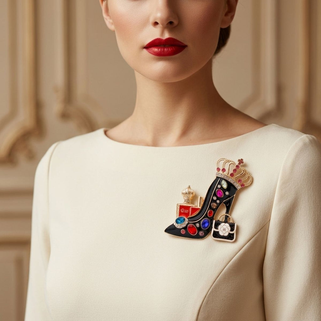 Black Multicolor High Heel Queen Gold Brooch Pin