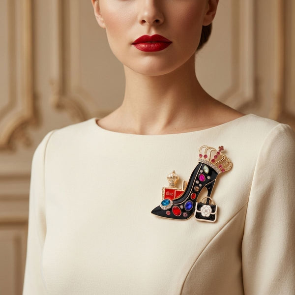 Black Multicolor High Heel Queen Gold Brooch Pin