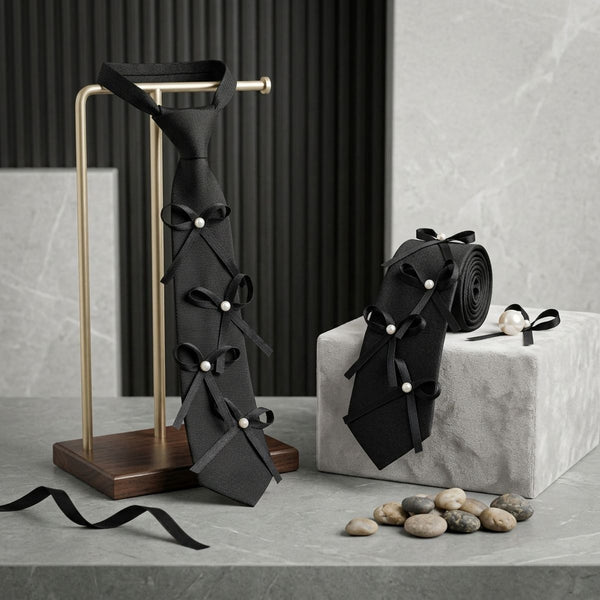 Black Pearl Ribbon Bow Necktie Necklace