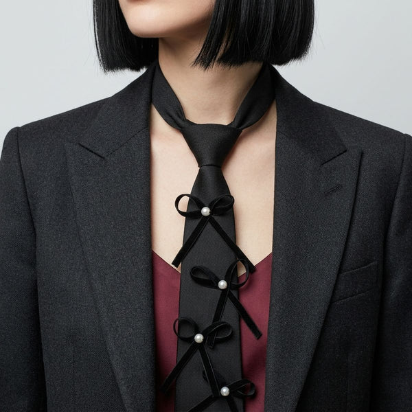 Black Pearl Ribbon Bow Necktie Necklace