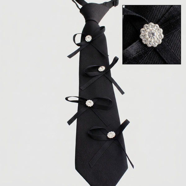 Black Rhinestone Ribbon Bow Necktie Necklace