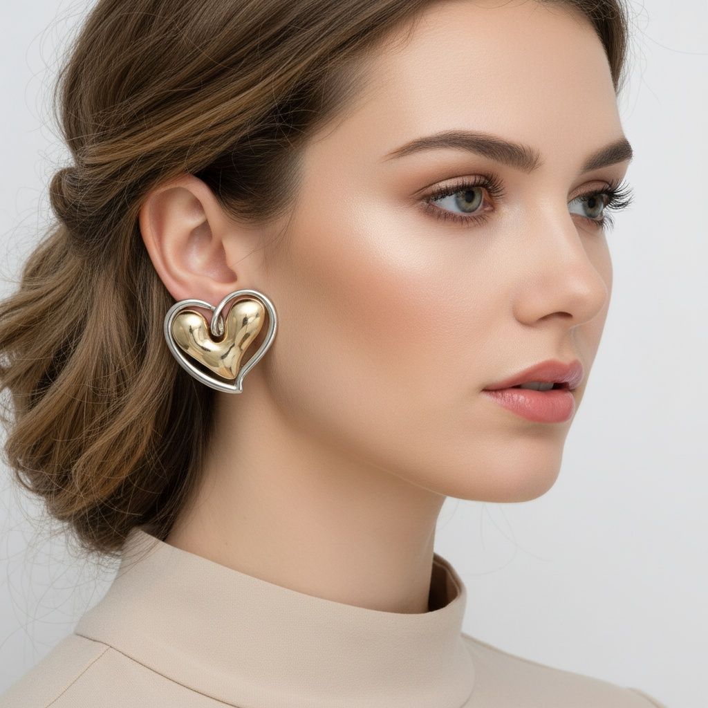 Two-Tone Gold & Silver Heart Stud Earrings