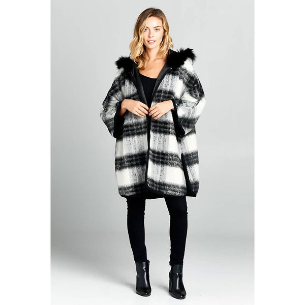 Real Fox Fur Hooded Oversize Checkered Jacket/Poncho