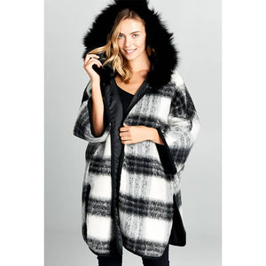 Real Fox Fur Hooded Oversize Checkered Jacket/Poncho