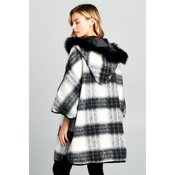 Real Fox Fur Hooded Oversize Checkered Jacket/Poncho