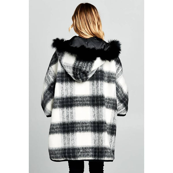 Real Fox Fur Hooded Oversize Checkered Jacket/Poncho